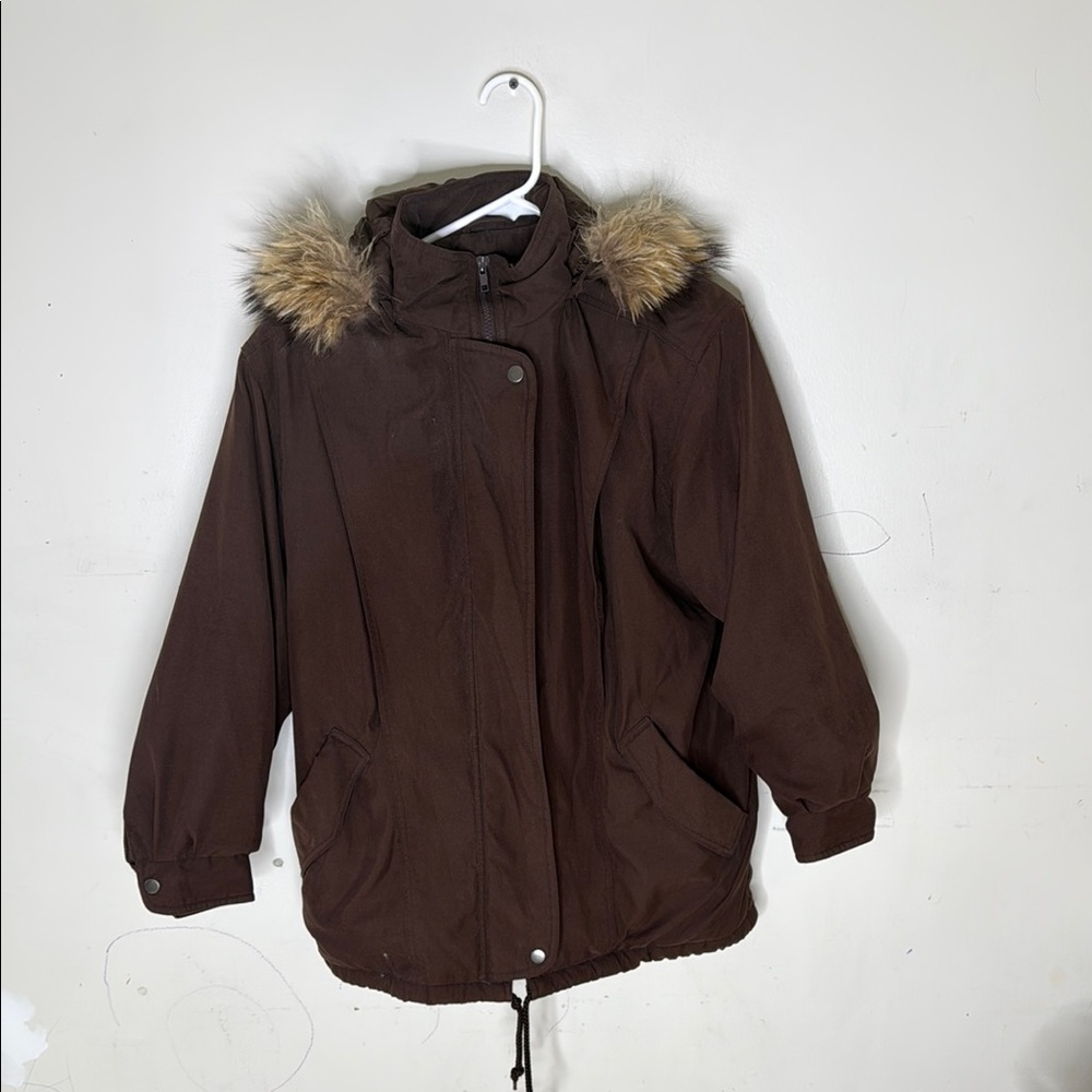 Bromley Sport Vintage Brown Hooded Jacket with Raccoon Fur Trim Hood Size SP